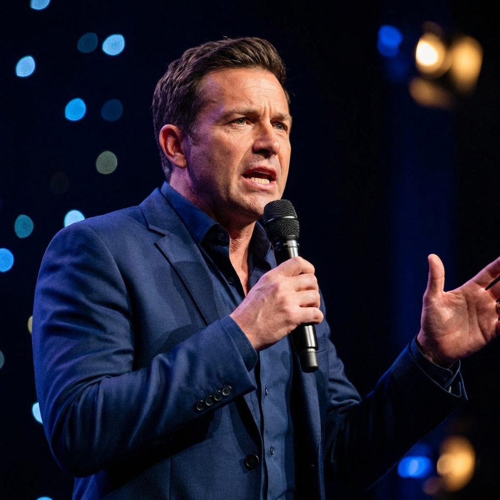 Riley Tate addressing a large crowd