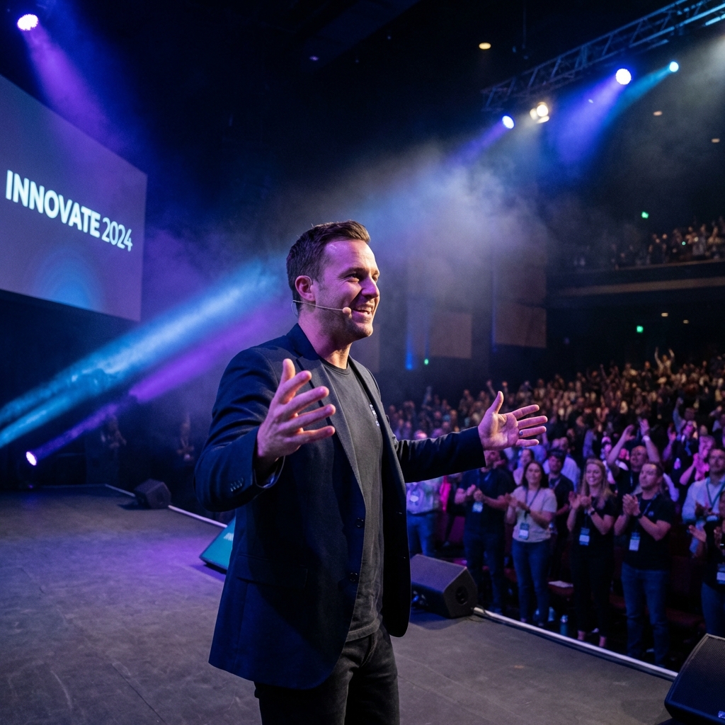 Riley Tate gesturing passionately on stage